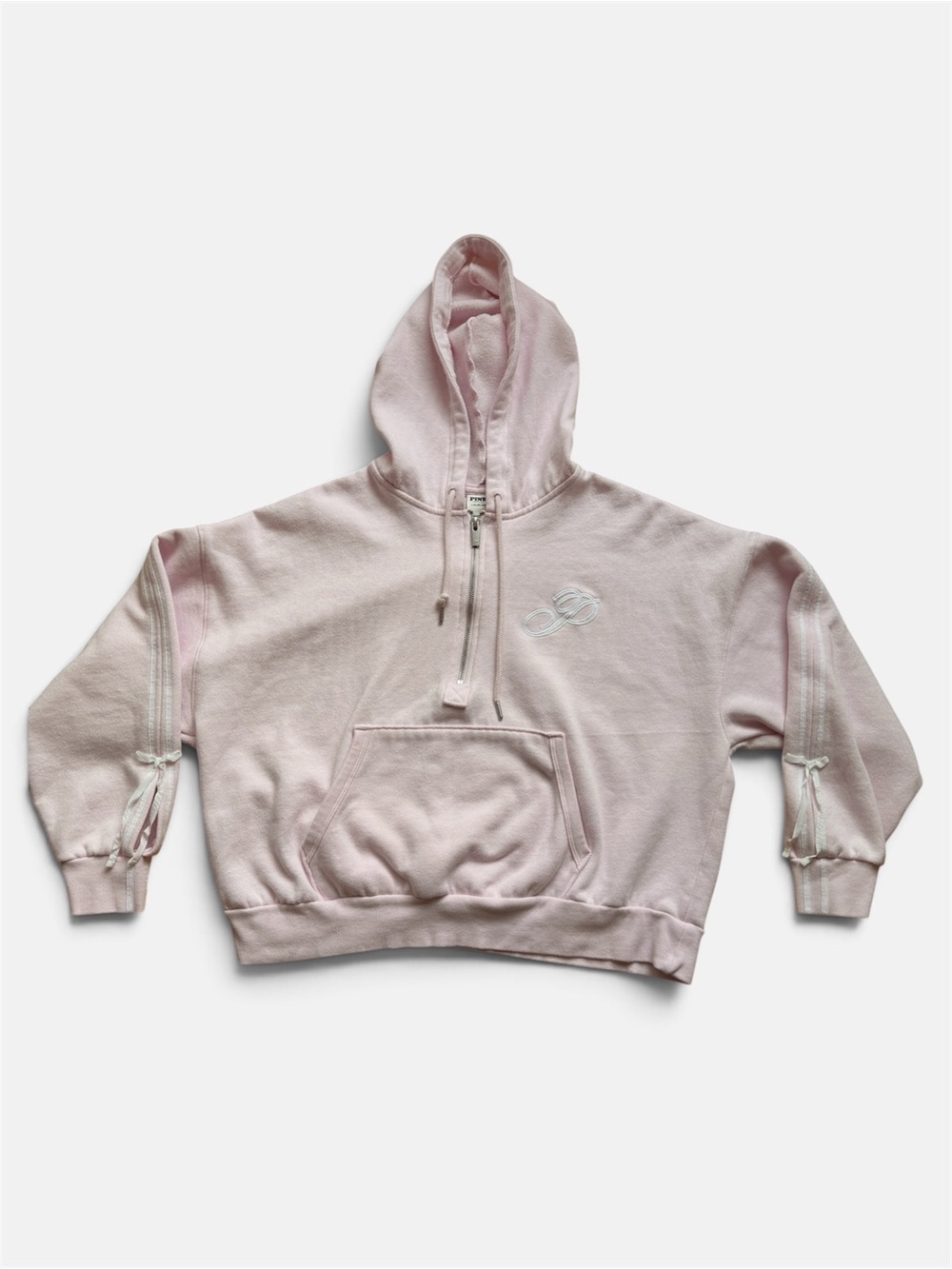 PINK Victoria’s Secret Baby Pink Bow Oversized Quarter Zip Hoodie Size L NWOT